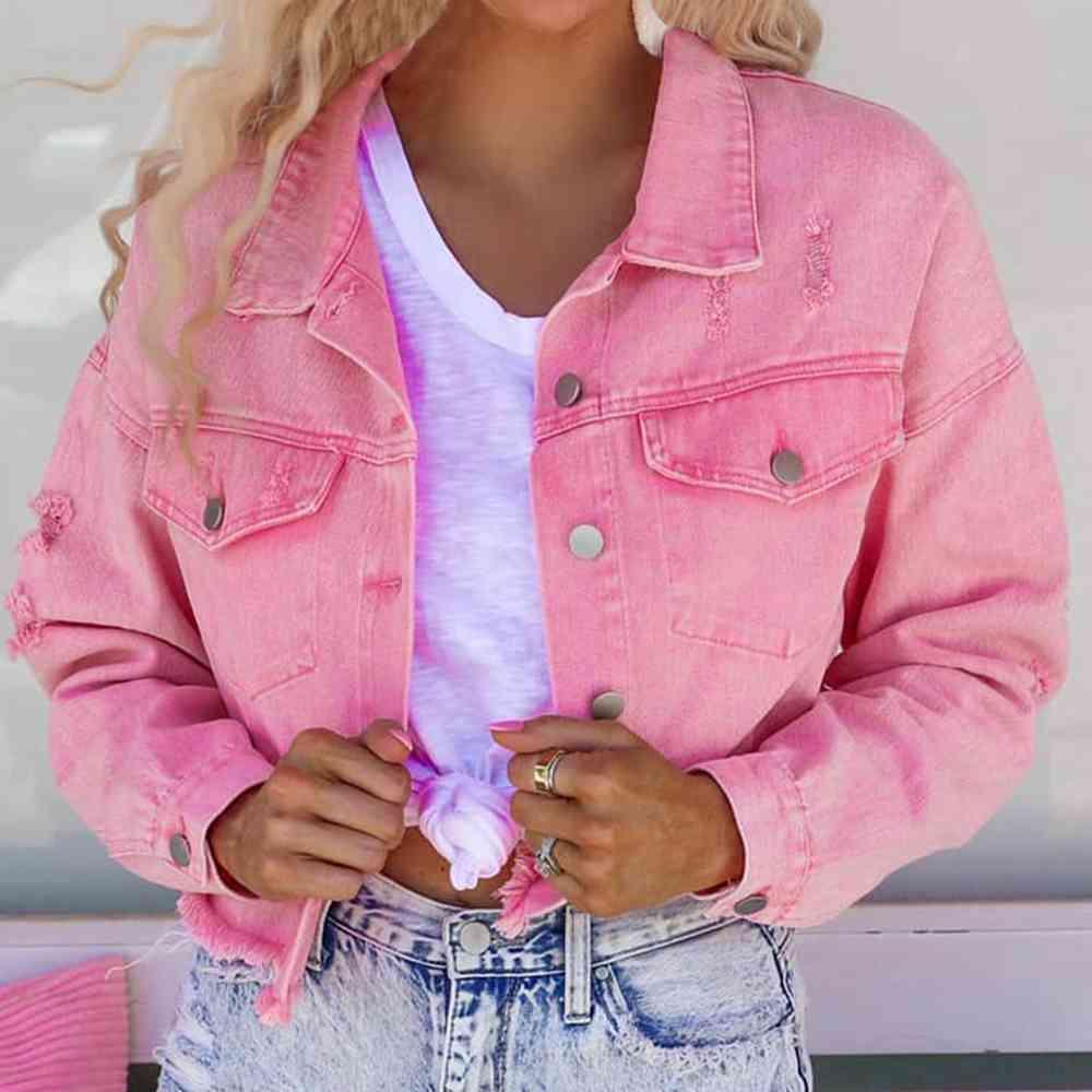 Distressed Raw Hem Dropped Shoulder Denim Jacket -- 