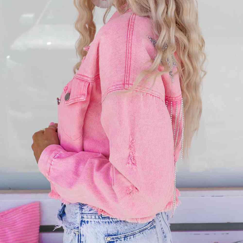 Distressed Raw Hem Dropped Shoulder Denim Jacket -- 