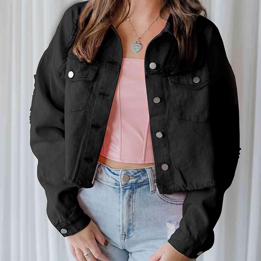 Distressed Raw Hem Dropped Shoulder Denim Jacket -- 