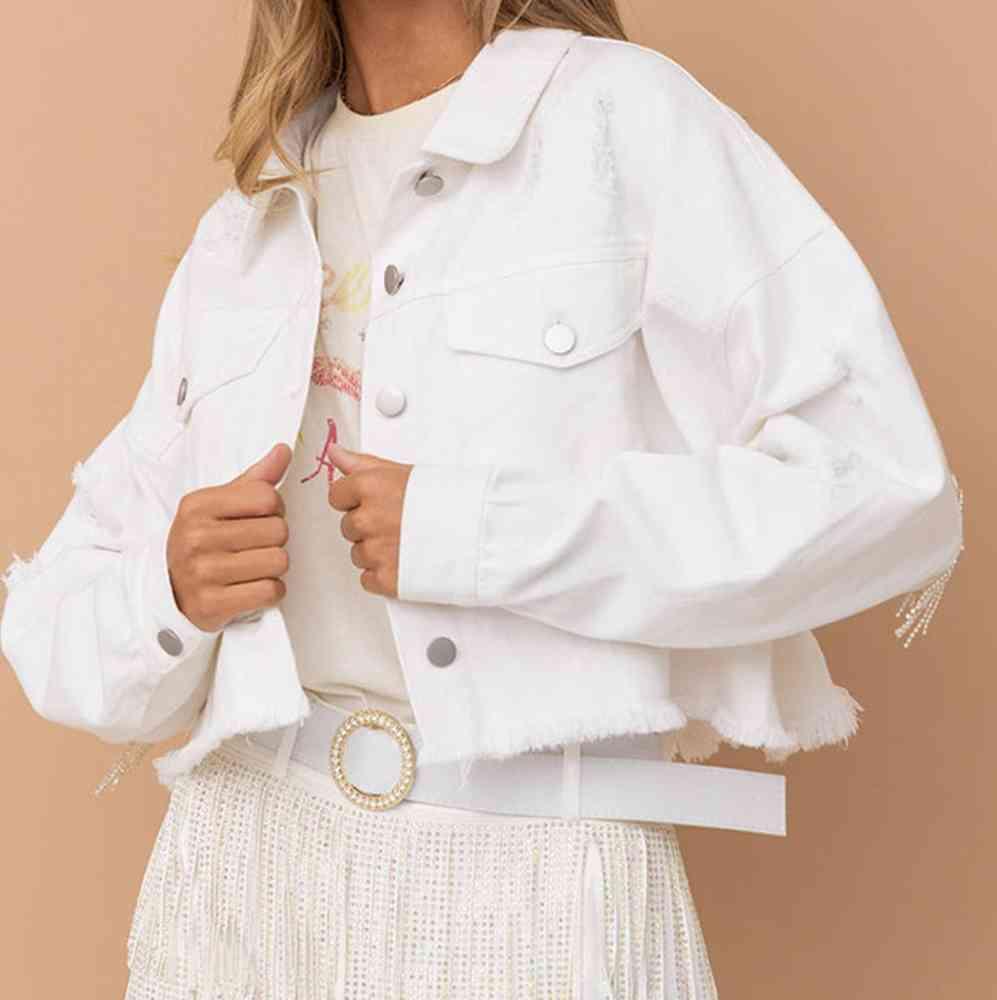 Distressed Raw Hem Dropped Shoulder Denim Jacket -- 