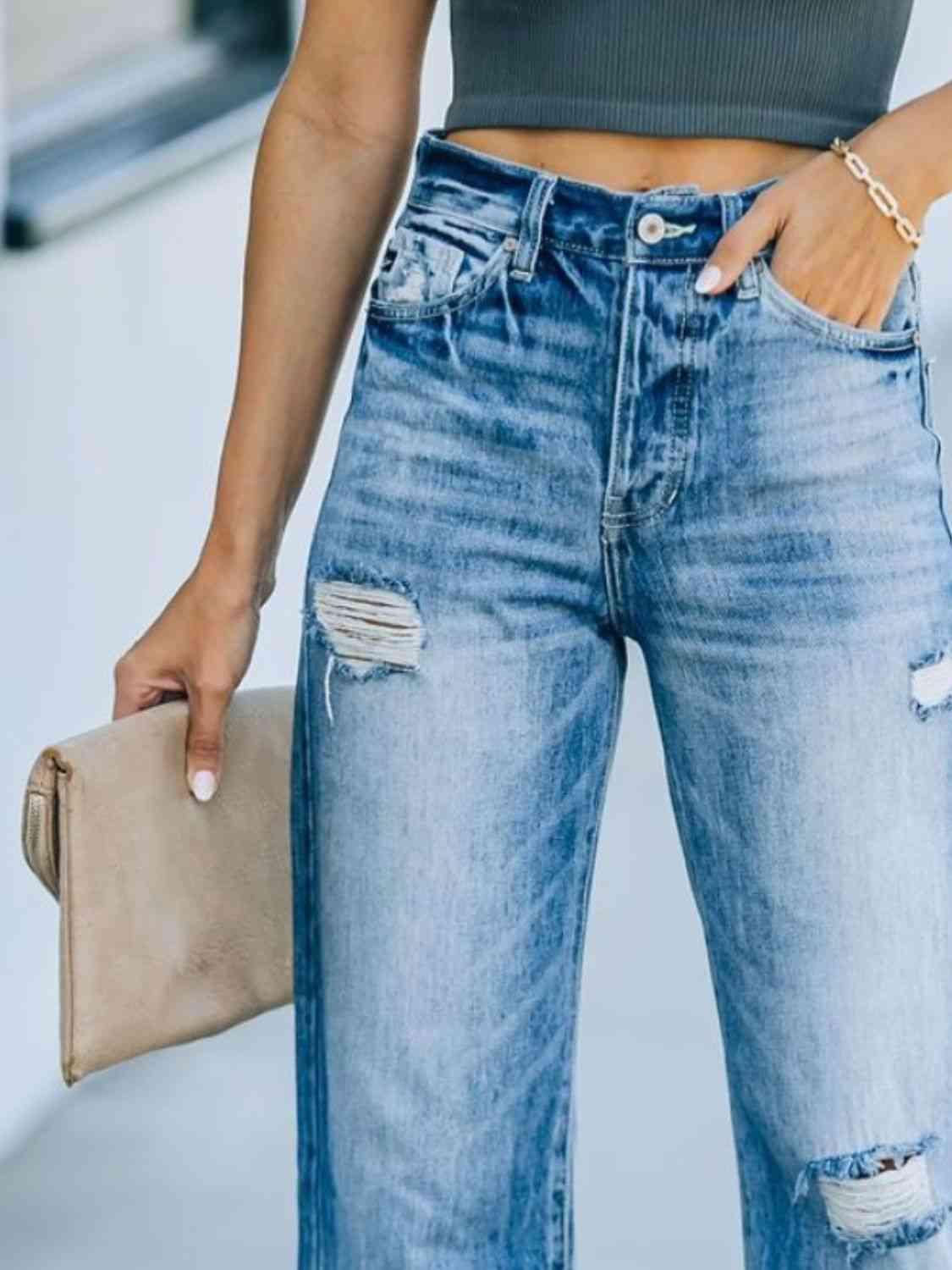 Distressed Straight Leg Jeans -- 