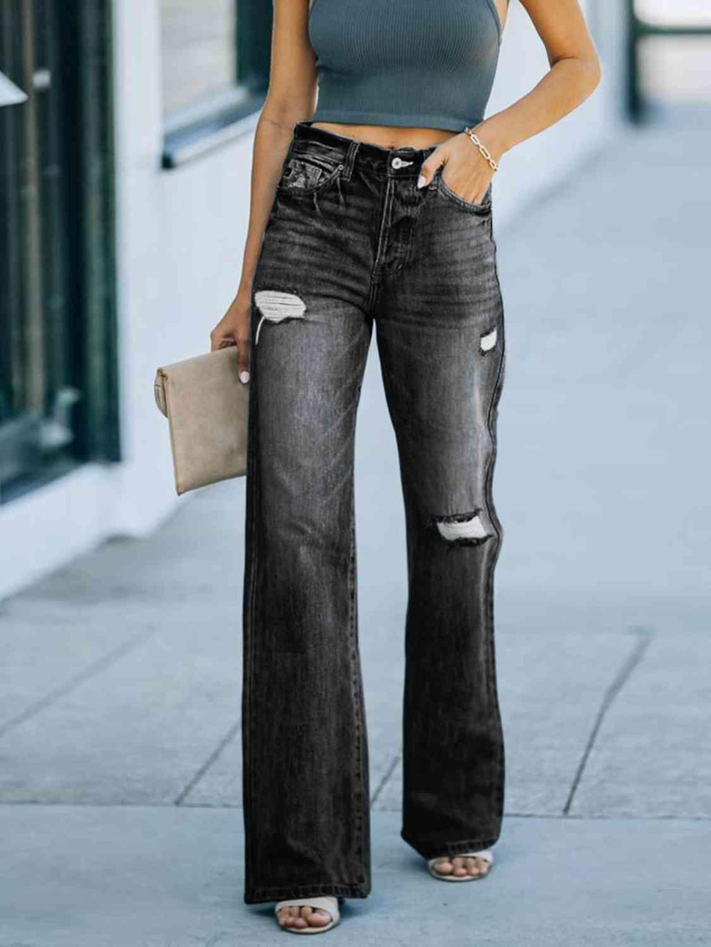 Distressed Straight Leg Jeans -- 