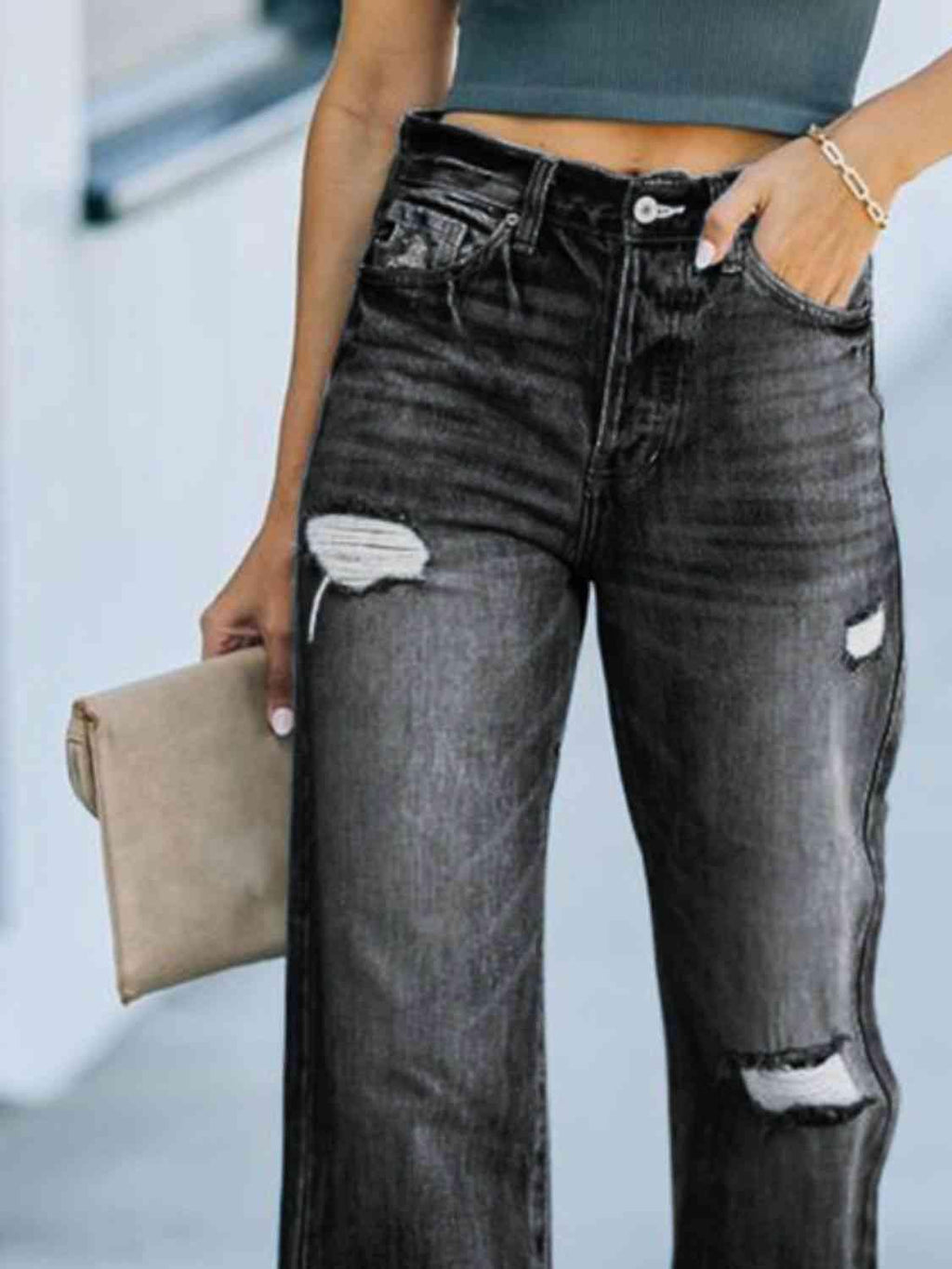 Distressed Straight Leg Jeans -- 