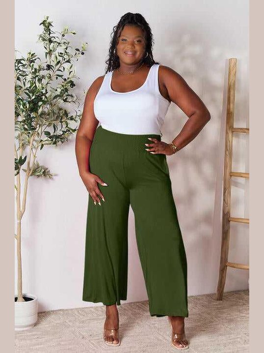 Double Take Full Size Smocked Wide Waistband Wide Leg Pants -- 