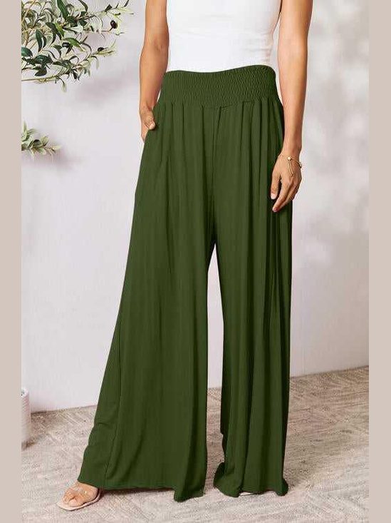 Double Take Full Size Smocked Wide Waistband Wide Leg Pants -- 