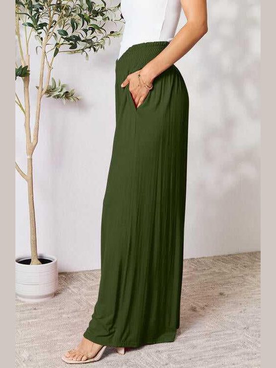 Double Take Full Size Smocked Wide Waistband Wide Leg Pants -- 