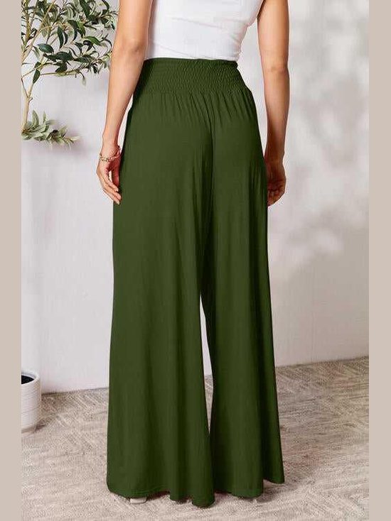 Double Take Full Size Smocked Wide Waistband Wide Leg Pants -- 