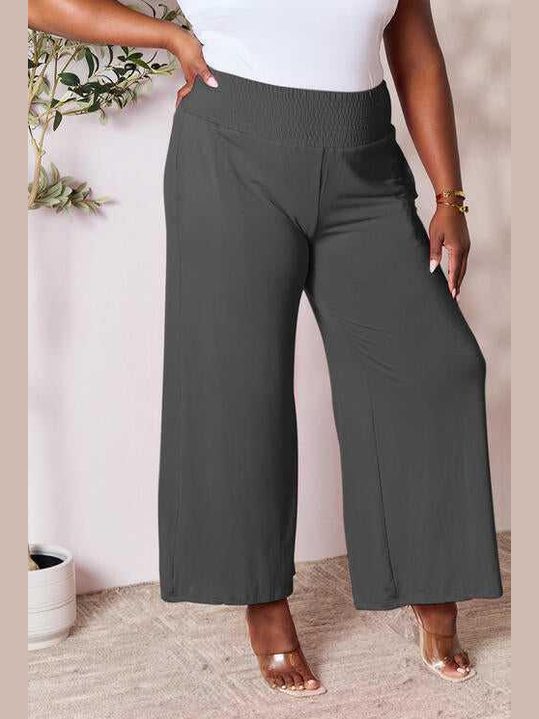 Double Take Full Size Smocked Wide Waistband Wide Leg Pants -- 