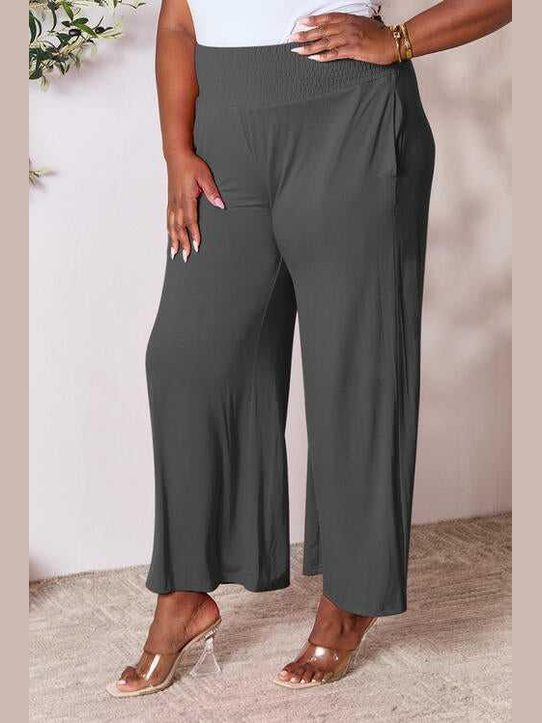 Double Take Full Size Smocked Wide Waistband Wide Leg Pants -- 