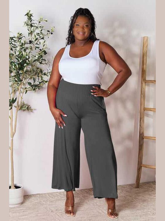 Double Take Full Size Smocked Wide Waistband Wide Leg Pants -- 