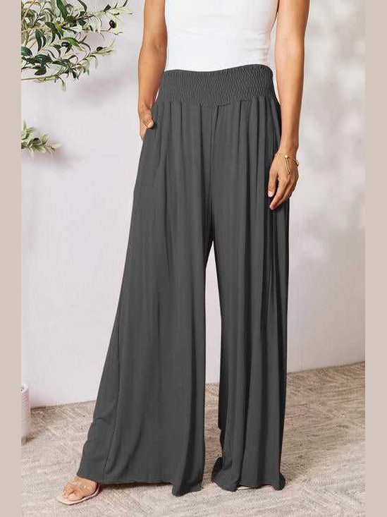 Double Take Full Size Smocked Wide Waistband Wide Leg Pants -- 