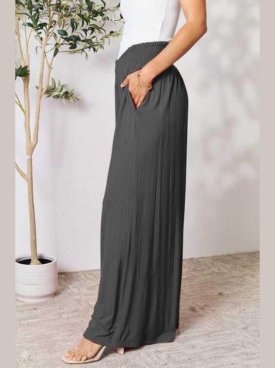 Double Take Full Size Smocked Wide Waistband Wide Leg Pants -- 