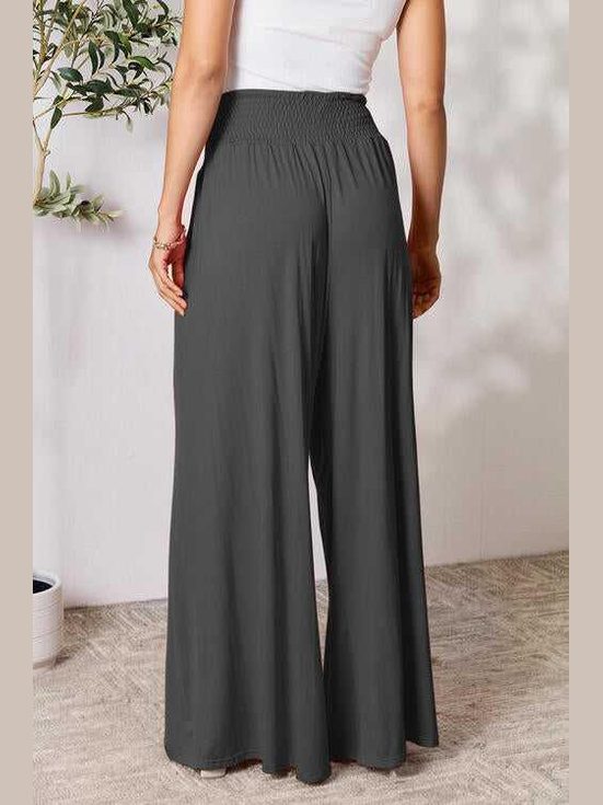 Double Take Full Size Smocked Wide Waistband Wide Leg Pants -- 