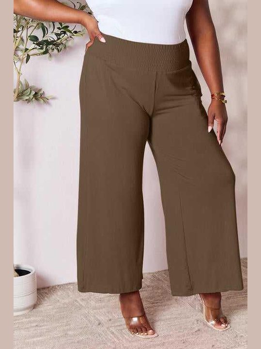 Double Take Full Size Smocked Wide Waistband Wide Leg Pants -- 