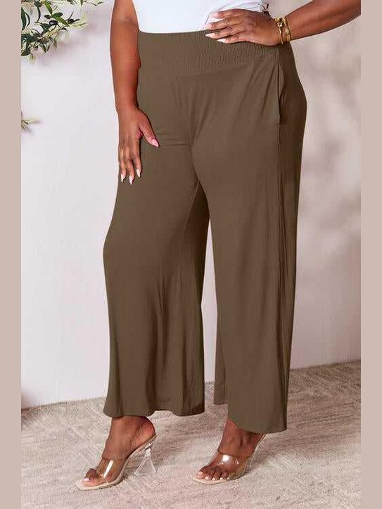 Double Take Full Size Smocked Wide Waistband Wide Leg Pants -- 