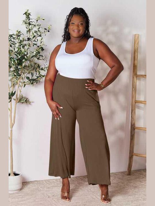 Double Take Full Size Smocked Wide Waistband Wide Leg Pants -- 
