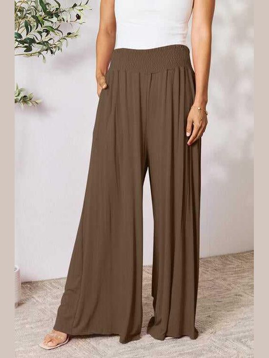 Double Take Full Size Smocked Wide Waistband Wide Leg Pants -- 
