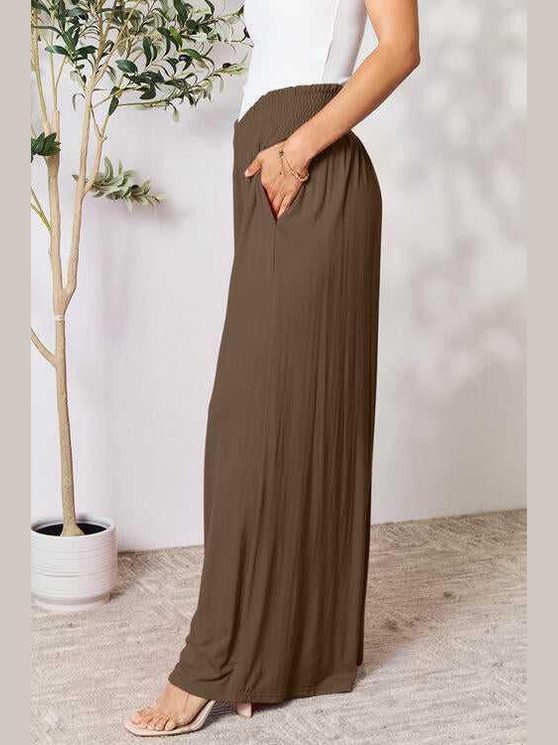 Double Take Full Size Smocked Wide Waistband Wide Leg Pants -- 