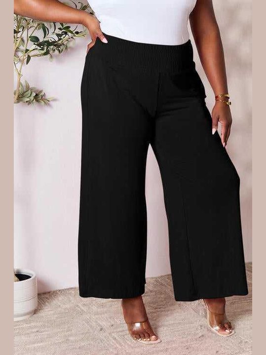 Double Take Full Size Smocked Wide Waistband Wide Leg Pants -- 