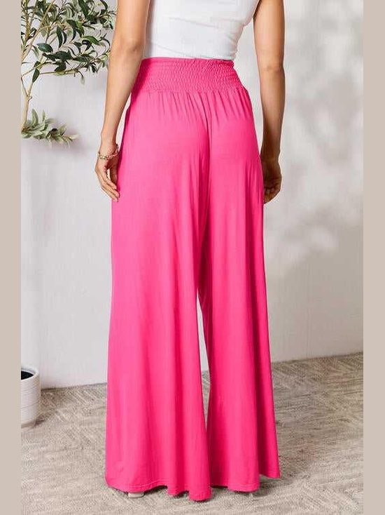 Double Take Full Size Smocked Wide Waistband Wide Leg Pants -- 