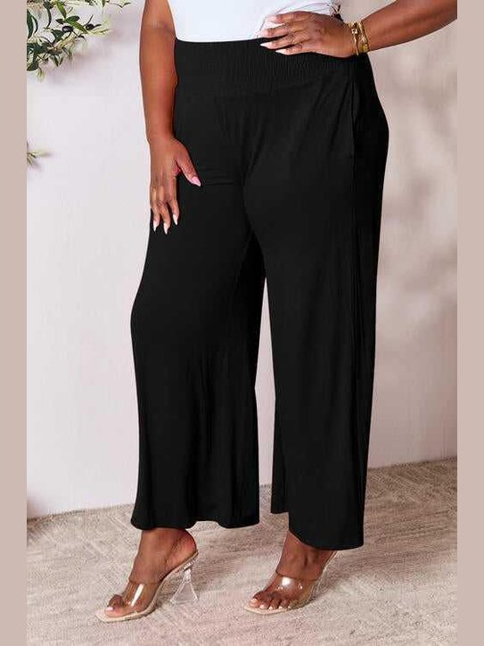 Double Take Full Size Smocked Wide Waistband Wide Leg Pants -- 
