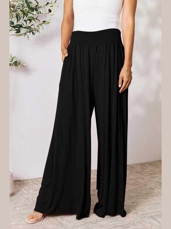 Double Take Full Size Smocked Wide Waistband Wide Leg Pants -- 