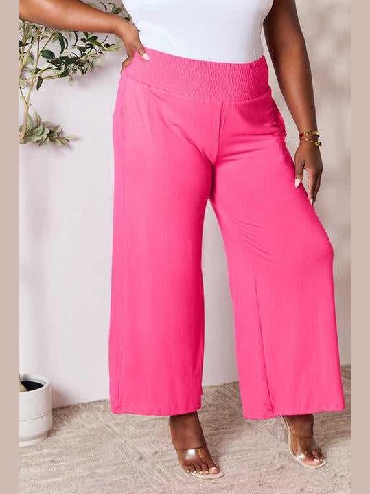 Double Take Full Size Smocked Wide Waistband Wide Leg Pants -- 