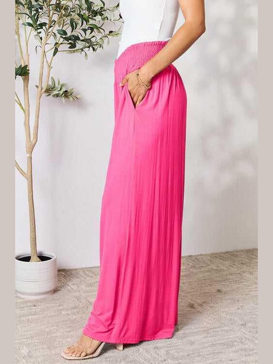 Double Take Full Size Smocked Wide Waistband Wide Leg Pants -- 