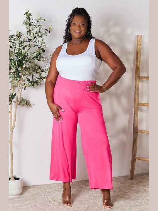 Double Take Full Size Smocked Wide Waistband Wide Leg Pants -- 