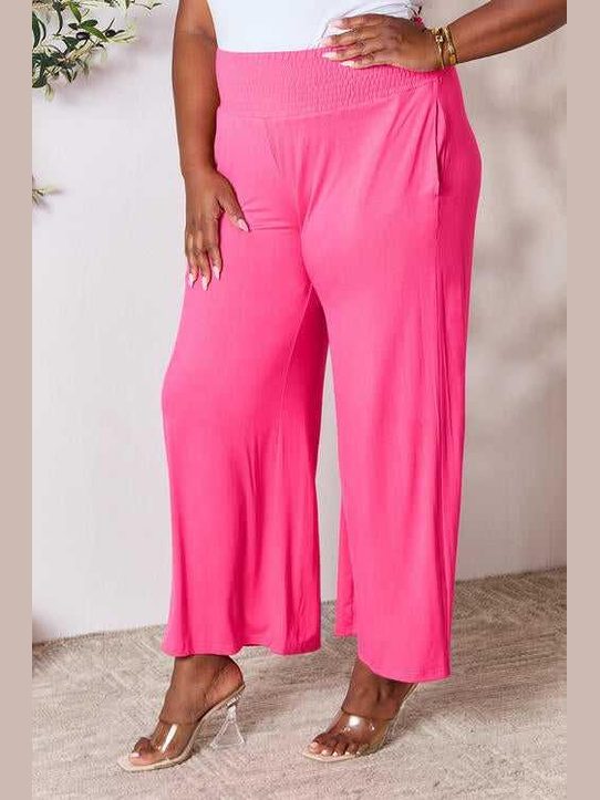 Double Take Full Size Smocked Wide Waistband Wide Leg Pants -- 