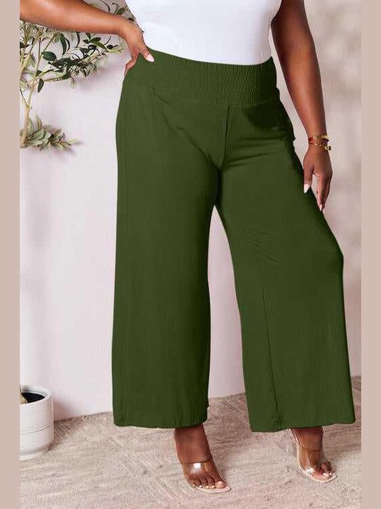 Double Take Full Size Smocked Wide Waistband Wide Leg Pants -- 