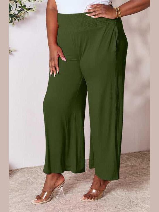 Double Take Full Size Smocked Wide Waistband Wide Leg Pants -- 