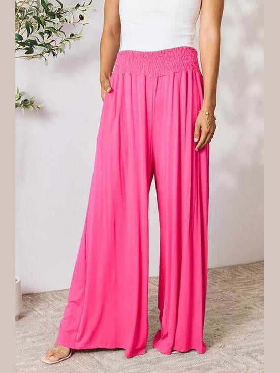 Double Take Full Size Smocked Wide Waistband Wide Leg Pants -- 