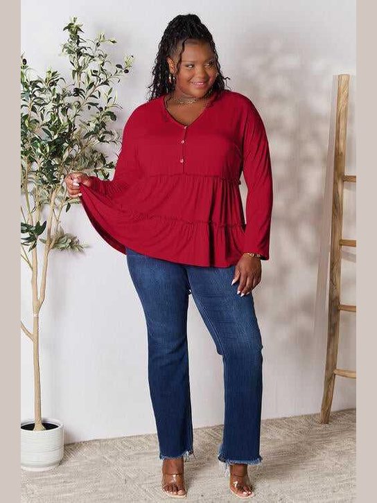 Double Take Half Button Long Sleeve Ruffle Hem Blouse -- 