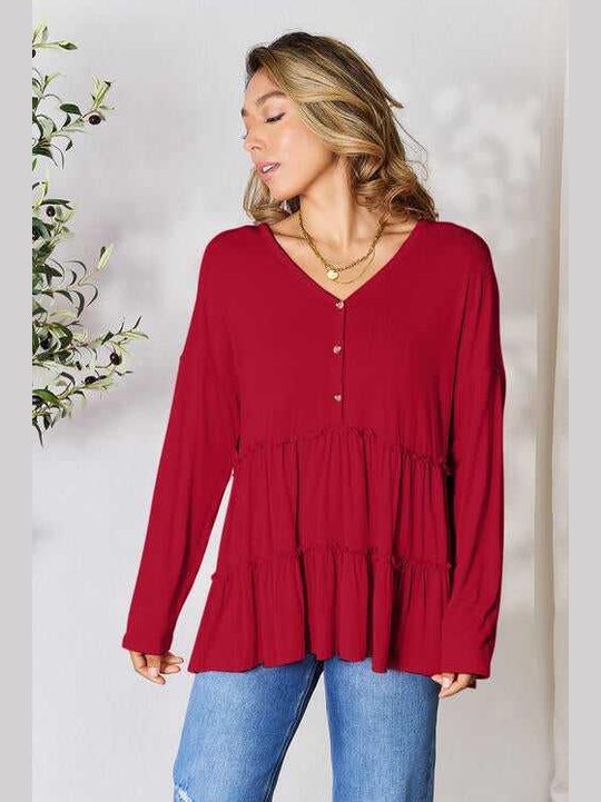 Double Take Half Button Long Sleeve Ruffle Hem Blouse -- 