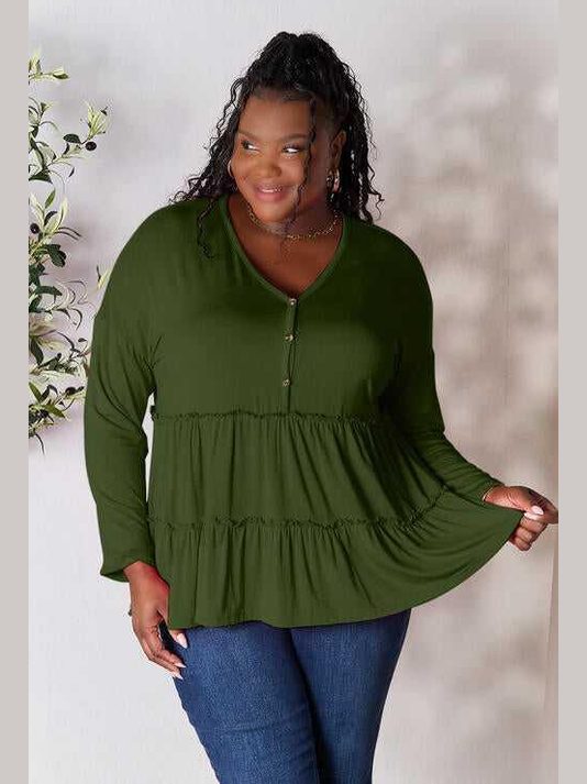 Double Take Half Button Long Sleeve Ruffle Hem Blouse -- 