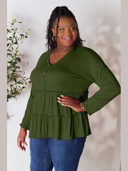 Double Take Half Button Long Sleeve Ruffle Hem Blouse -- 