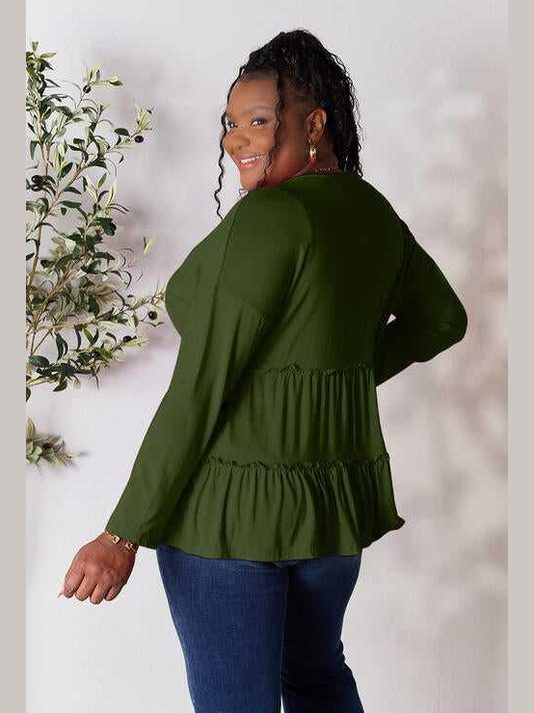 Double Take Half Button Long Sleeve Ruffle Hem Blouse -- 