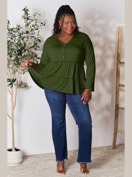 Double Take Half Button Long Sleeve Ruffle Hem Blouse -- 