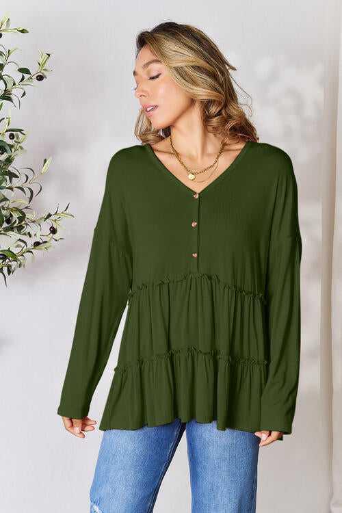 Double Take Half Button Long Sleeve Ruffle Hem Blouse -- 