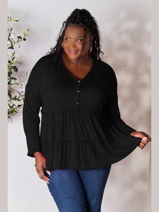 Double Take Half Button Long Sleeve Ruffle Hem Blouse -- 