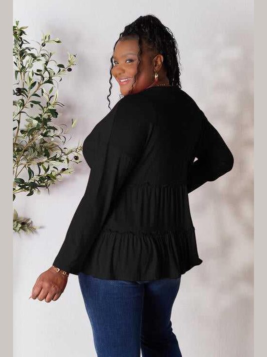 Double Take Half Button Long Sleeve Ruffle Hem Blouse -- 