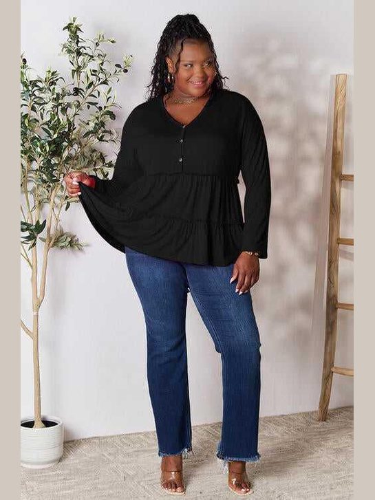 Double Take Half Button Long Sleeve Ruffle Hem Blouse -- 