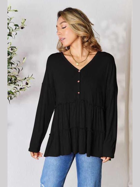 Double Take Half Button Long Sleeve Ruffle Hem Blouse -- 