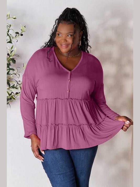 Double Take Half Button Long Sleeve Ruffle Hem Blouse -- 