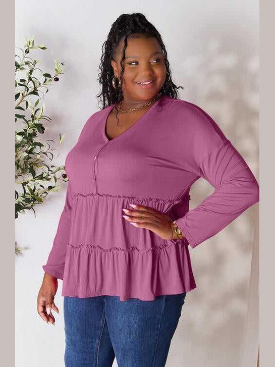 Double Take Half Button Long Sleeve Ruffle Hem Blouse -- 