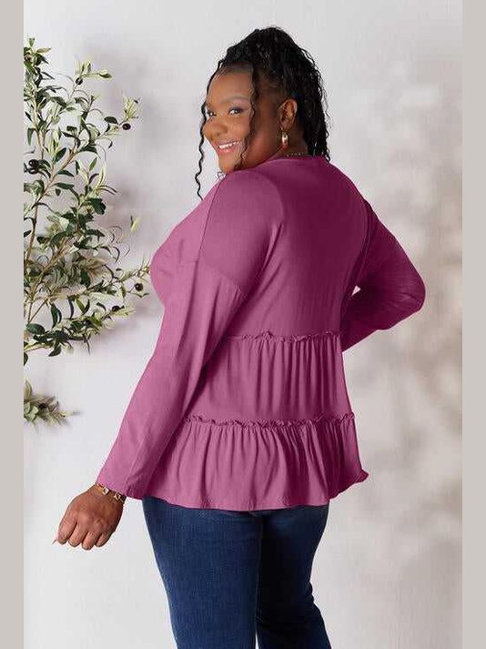 Double Take Half Button Long Sleeve Ruffle Hem Blouse -- 