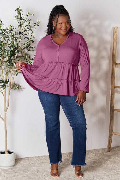 Double Take Half Button Long Sleeve Ruffle Hem Blouse -- 