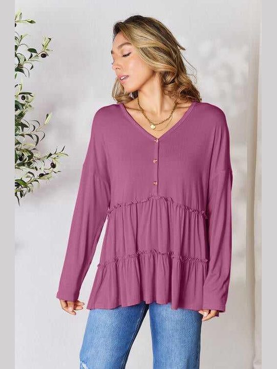 Double Take Half Button Long Sleeve Ruffle Hem Blouse -- 