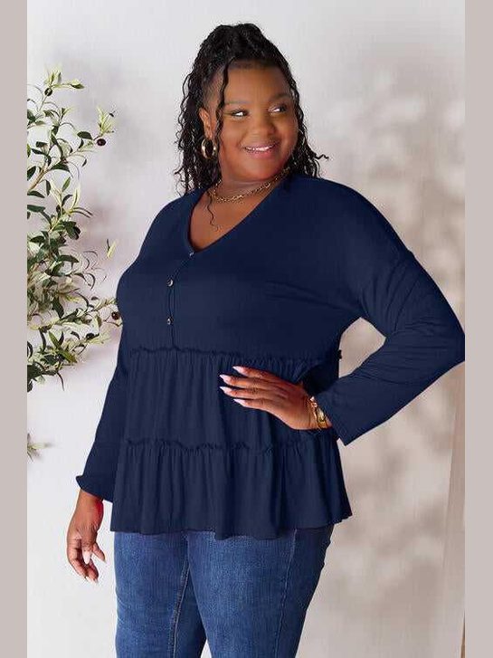 Double Take Half Button Long Sleeve Ruffle Hem Blouse -- 